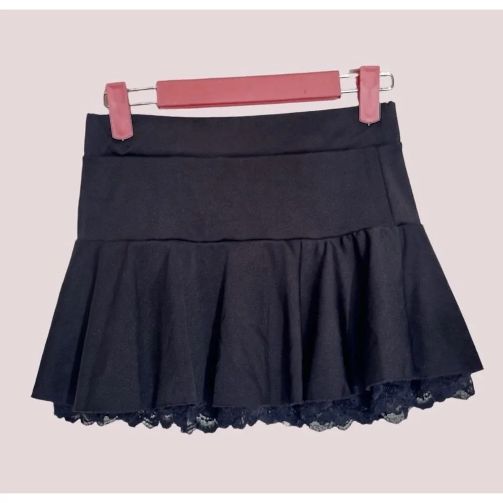 Black Lace Trim Coquette PleatedElastic Waist Flirty Ruffle Bodycon Mini Skirt-S